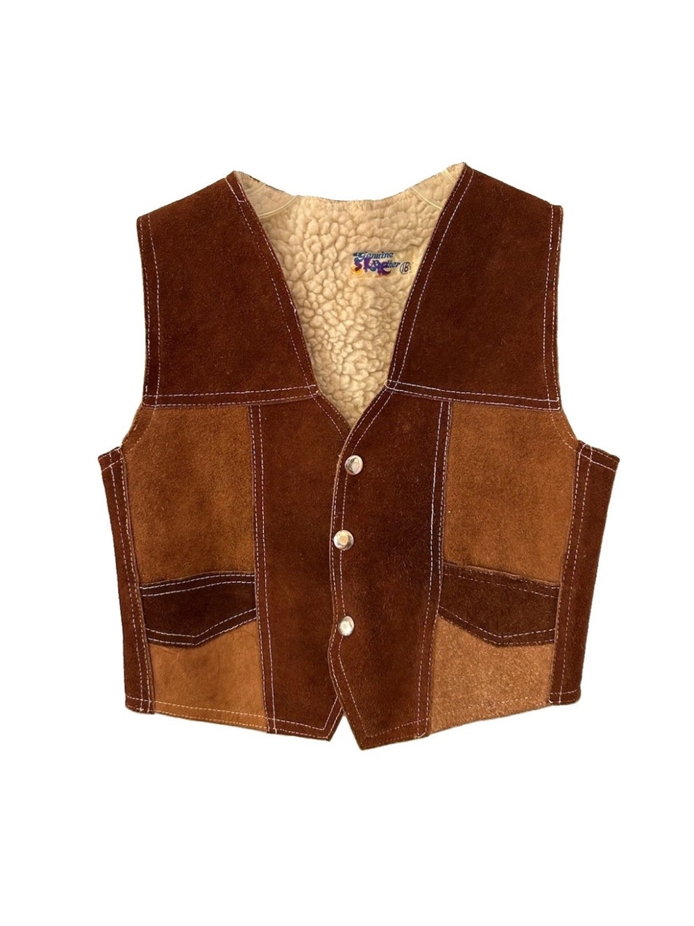 Vintage 70s Kids Suede Leather Sherpa Vest Western Patchwork Mexico Sz 18 M/L